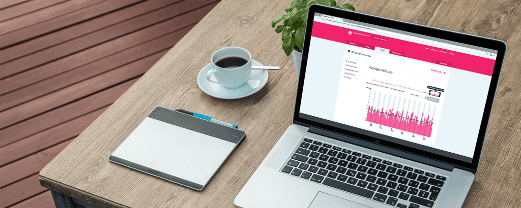 A mac laptop on a table of a business customer checking their usage at Powershop. 