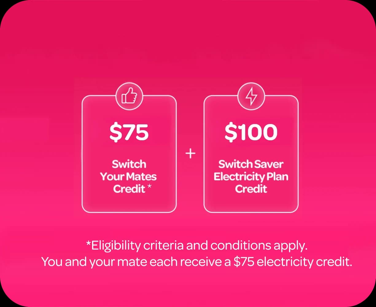 $75 Switch Your Mates Credit*, +
$100 Switch Saver Electricity Plan Credit