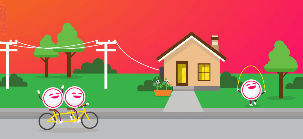 Winky riding a tandem bicycle in front of a home connected to power lines.