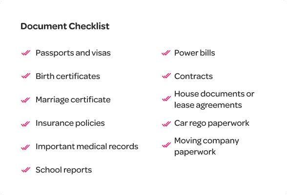 Document Checklist:
Passports and visas, birth certificates, marriage certificates, insurance policies, medical records, school reports, power bills, contracts, house documents and lease agreements, car paperwork, moving paperwork.