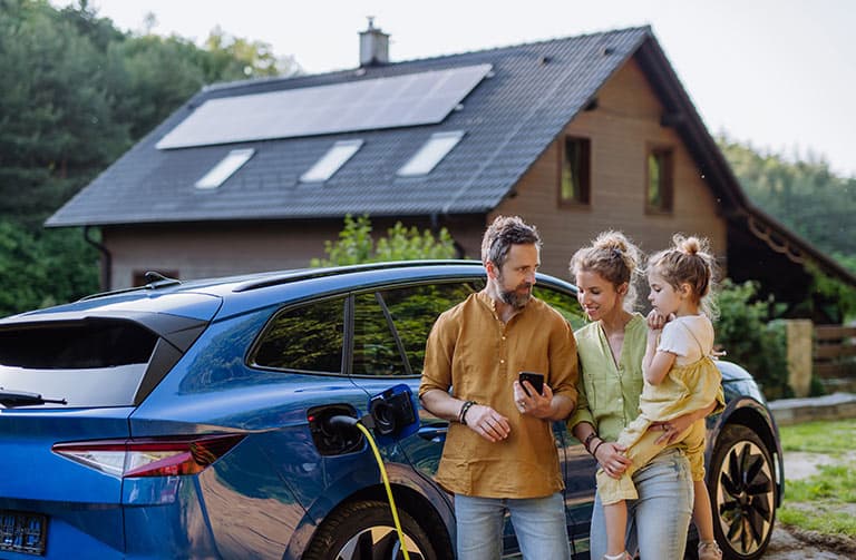 Family standing in front of their electric vehicle while it charges