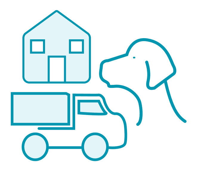 a house, a dog and a moving truck