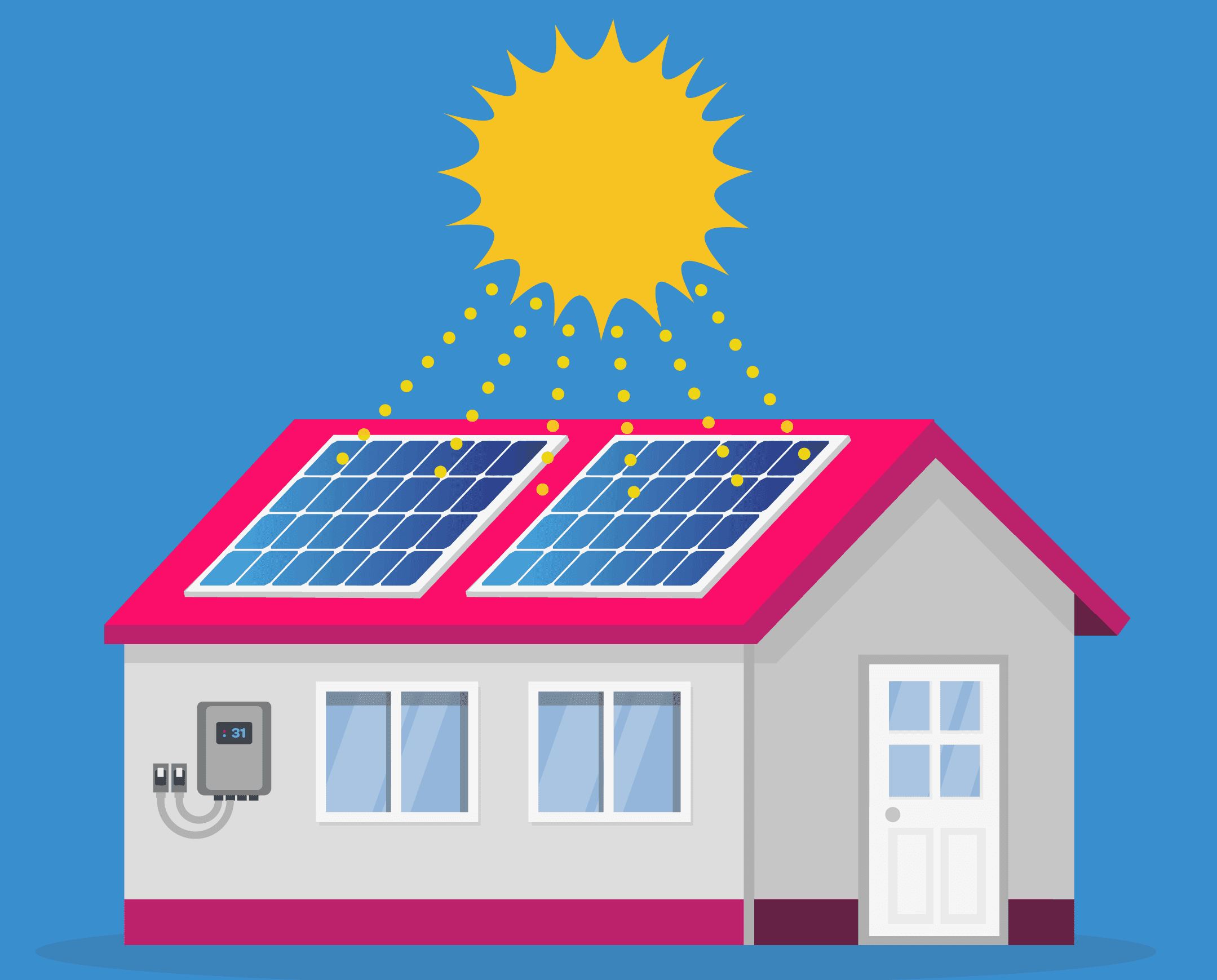 A vector of a pink house with solar panels and a shining sun above it.