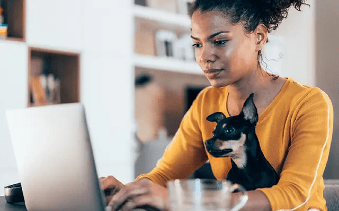woman using laptop with dog on lap