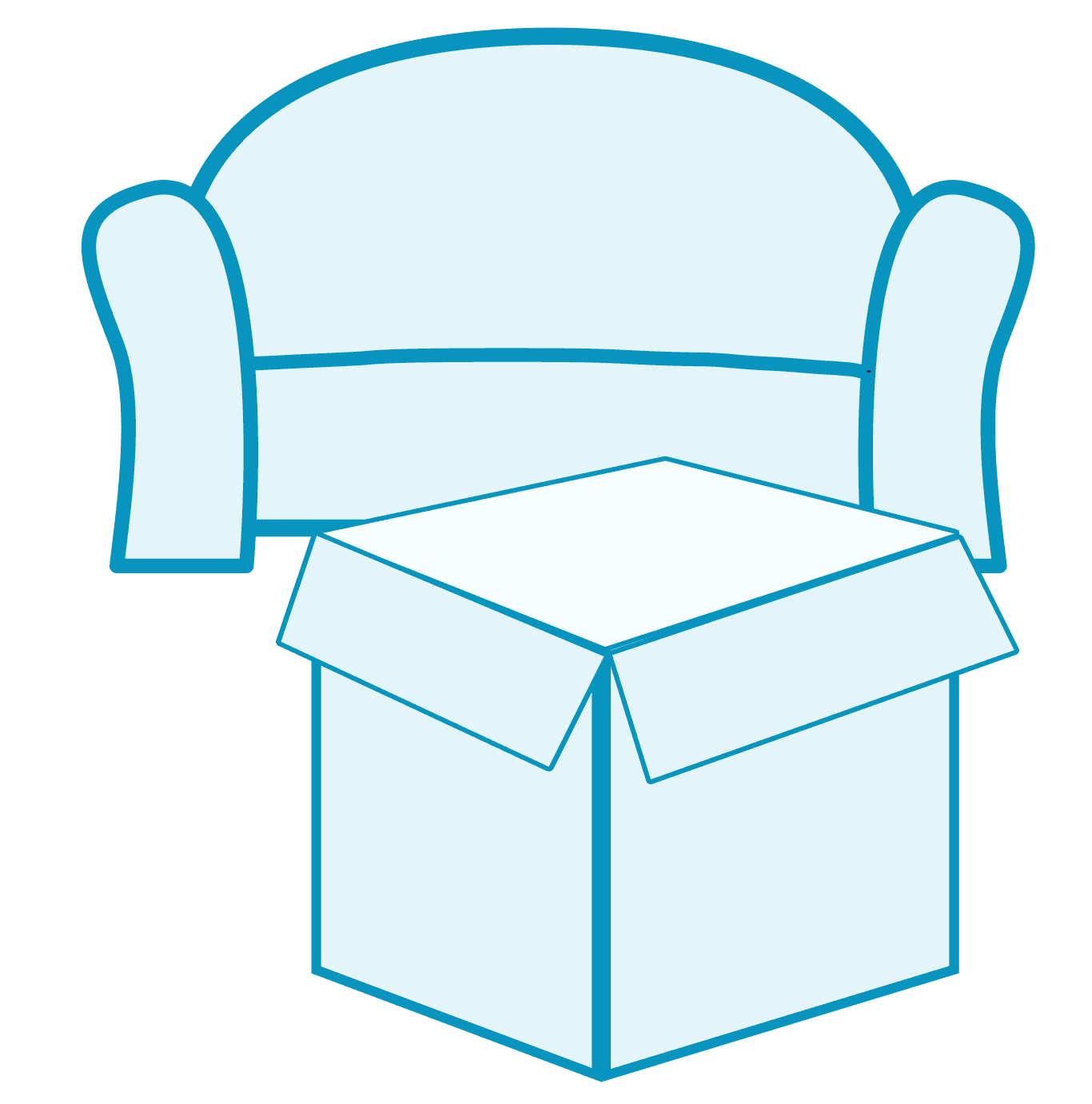 A moving box in front of a small couch - illustration